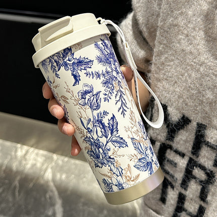 Factory Blue and White Porcelain Stainless Steel Overlord Tea Queen Flower Language Series Coffee Cup Portable Double Drinking Cup with Good Appearance