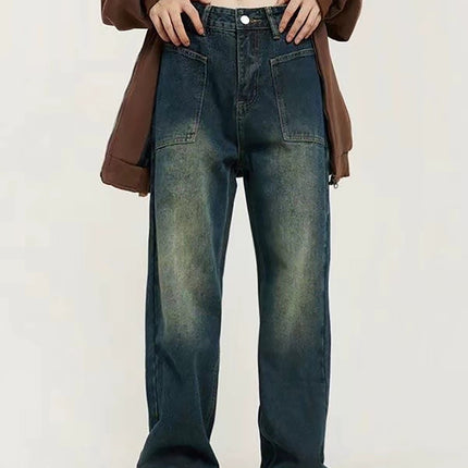 Vintage Mop Pants Girls Spring and Autumn Washed Old Straight Jeans Women's Loose High Street American Pants Ins