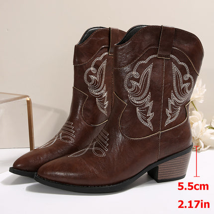 2025 Cross-Border Export New Thick-Heeled Western Cowboy Boots V-Mouth Embroidered Sleeve Knight Boots Retro Mid-Calf Square Toe