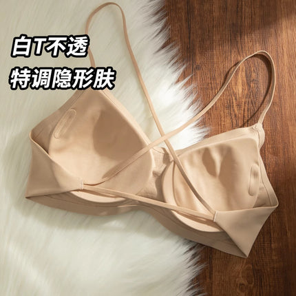White T-Shirt Non-See-Through Foundation Liquid Fixed Cup Bra for Women, Seamless Invisible Thin Straps, Beautiful Back, Small Chest Push-Up Bra