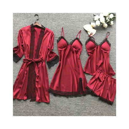 Cross-Border Four-Piece Pajama Set for Women, Spring and Summer Ice Silk Camisole Nightgown Set with Chest Pads, Loungewear, Lingerie