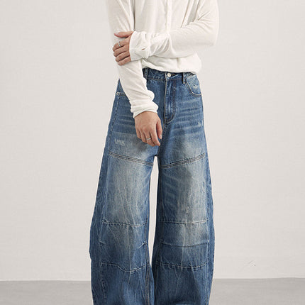 Lktm Men's Clothing American-Style Washed Lightning-Patterned Scimitar Jeans Unisex Trendy Brand Loose Fit Relaxed Long Pants