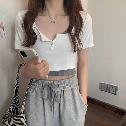 92% Rayon 8% Spandex Summer New Style Spicy Girl Fake Two-Piece Short-Sleeve T-Shirt for Women, Niche Slim Fit Bm Short Crop Top