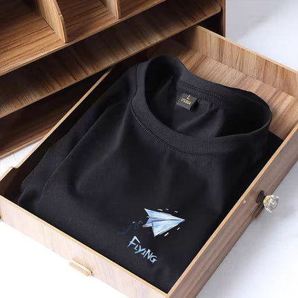 Summer Hong Kong Style Black Aircraft Ice Silk Round Neck Men's T-shirt Top Printed Casual Retro Top Couple Clothing