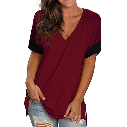 2024 Europe and the United States Spring and Summer Cross-Border New Women's Basic Solid Color V-Neck Short-Sleeve Stitching