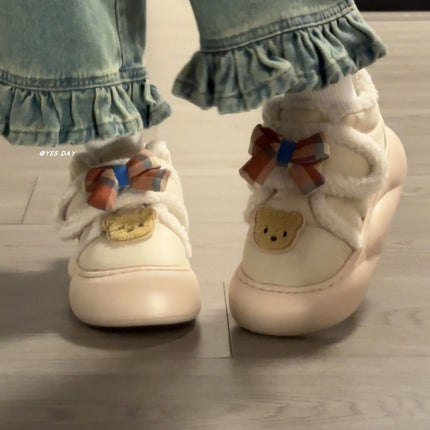 Cute Bear Plush Warm Cotton Shoes for Women 2026 Winter New Sweet Bow Thick-Soled Snow Boots with a Stepping-On-Clouds Feel