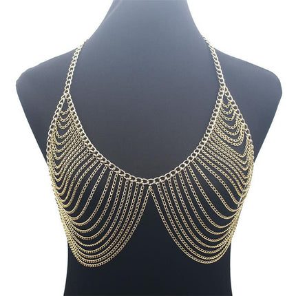 New Design Women Fashion Multilayer Metal Aluminum Chain Chest Chain Summer Bikini Clothing Accessories Chest Chain Body Chain