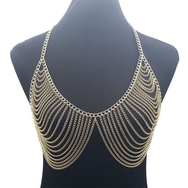 New Design Women Fashion Multilayer Metal Aluminum Chain Chest Chain Summer Bikini Clothing Accessories Chest Chain Body Chain