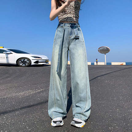 Vintage Belt Wide Leg Jeans Women's 2025 Summer New Style Straight Loose High Waist Dosing Slim-fit Mop Pants