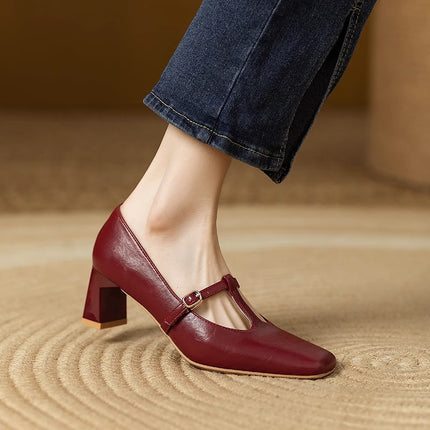 Spring and Summer New Retro Mid-high Heel Bride Wedding Shoes wine red Soft Leather Square Toe Shallow Thick Heel Mary Jane Single-layer Shoes for Women