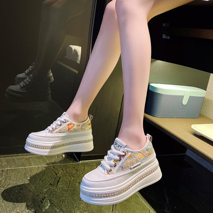 White Sneakers for Women 2026 Spring and Autumn New Style Platform Thick-Soled Trendy Popular Sequin Sports Casual Shoes