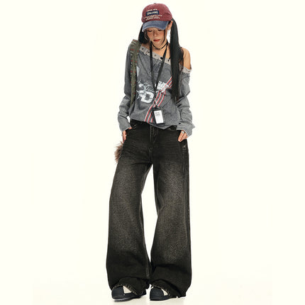 American Retro Wide-Leg Jeans for Women 2025 Early Autumn New Design Distressed Slimming Straight-Leg Floor-Length Pants