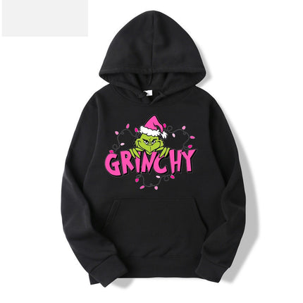 2024 Cross-border Autumn Simple pink Letter Font Printing Men's and Women's Hooded Christmas Green Hair Monster