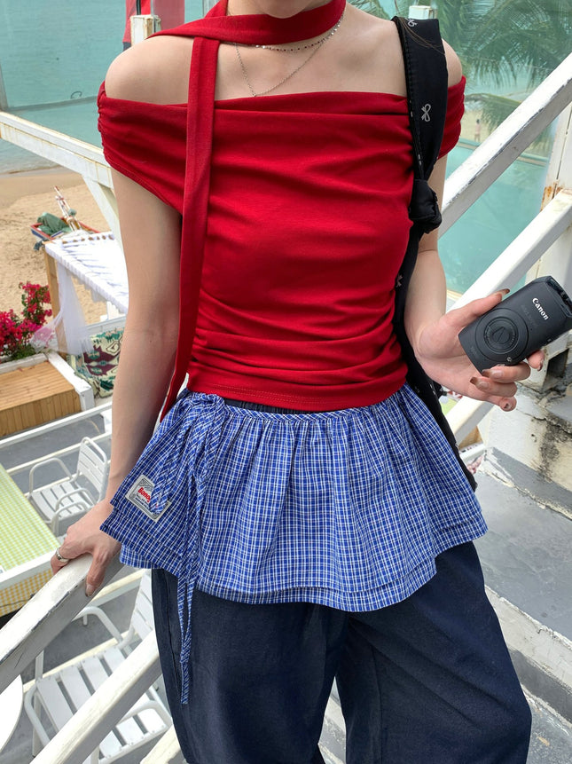 2025 Spring New Blue Plaid Lace-up Fart Curtain Women's Korean-style Retro All-match One-piece Decorative Half-length Skirt