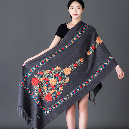 Autumn and Winter Nepal Vase Embroidered New Style Cashmere Scarf Women's Ethnic Style Embroidered Tassel Large Shawl
