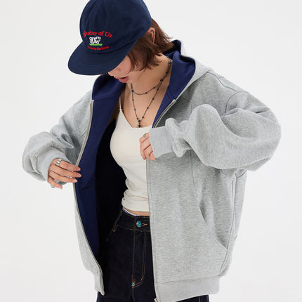 American Retro Contrasting Color Double Zipper Cardigan Hooded Sweatshirt Boys Silhouette Loose Lazy Trendy Brand Hoodie Jacket Autumn