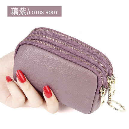 European and American First-Layer Cowhide Simple and Fashionable Mini Clutch Bag Three-Zip Coin Bag Key Coin Purse Genuine Leather