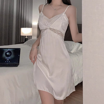 Nightgown for Women Spring and Summer with Breast Pad Suspender Pajamas Set 2025 New Ice Silk Sexy Lace Pure Lust Style Home Wear