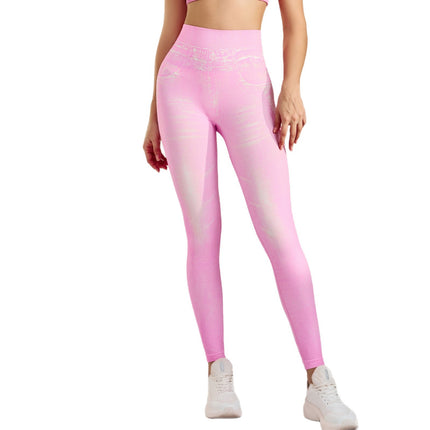 Outdoor High-Waisted Fitness Butt-Lifting Faux Denim Leggings Plus-Size Yoga Wear Stretchy Tight-Fitting Nine-Point Long Yoga Pants