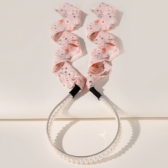 Sweet Floral Pearl Long Strap Hair Band Headband Summer New Sweet Tie Hair One-piece Pressure Hair Headband Women