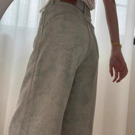 2025 Autumn New American Retro Tie-Dye Wide-Leg Jeans for Women, Stylish Slimming Loose Straight-Leg Floor-Length Pants