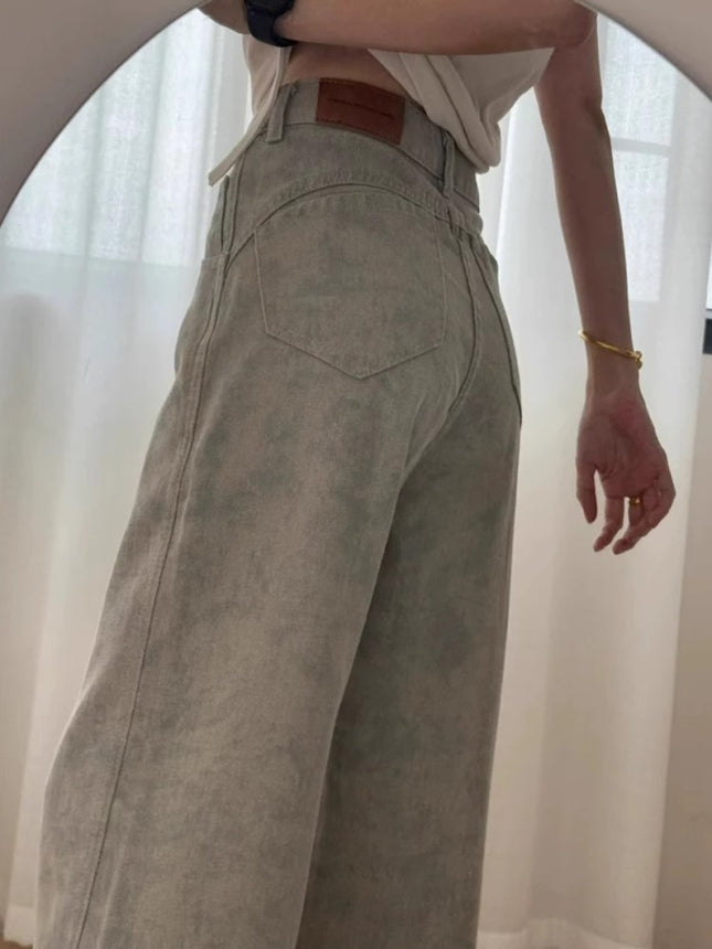 2025 Autumn New American Retro Tie-Dye Wide-Leg Jeans for Women, Stylish Slimming Loose Straight-Leg Floor-Length Pants