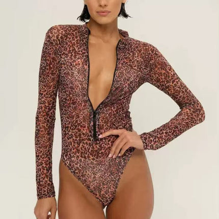 Zipper Long-Sleeved Sun Protection Mesh Swimsuit for Women Printed One-Piece Swimsuit Bikini Купальник