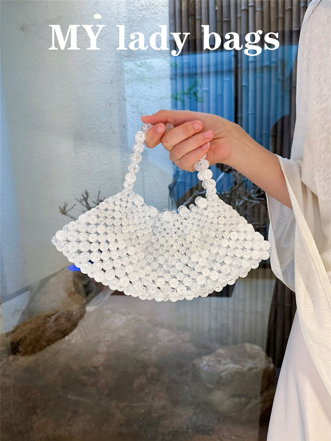 French Retro Hand-Woven Beaded Ice Cracked Pearl Fan-Shaped Bag Fairy Dumpling Mobile Phone Bag Hand-Held Crossbody Bag