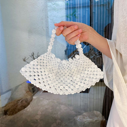 French Retro Hand-Woven Beaded Ice Cracked Pearl Fan-Shaped Bag Fairy Dumpling Mobile Phone Bag Hand-Held Crossbody Bag
