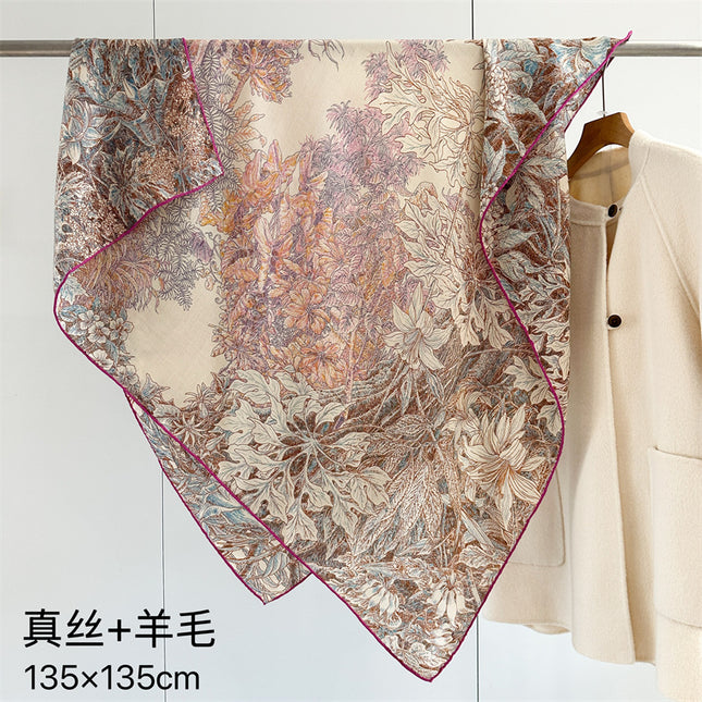 High-End Silk Wool Scarf for Women, Botanical Garden, Elegant and Warm Silk Wool Large Square Scarf, Air-Conditioned Room Warm Large Shawl