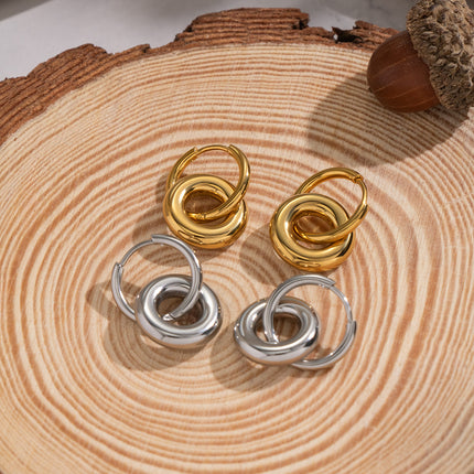 Xia Ling Simple and Stylish Double-Layer Ring Splicing Earrings Stainless Steel Plated with 18K Gold Versatile and Unique Titanium Steel Earrings for Women