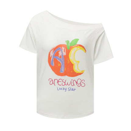 Areswings American Abstract Apple Letter Pattern Printed Slanted Shoulder Short-Sleeved T-Shirt Women's Summer Sexy Top