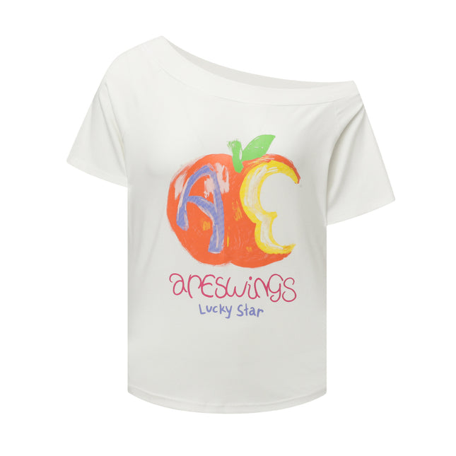 Areswings American Abstract Apple Letter Pattern Printed Slanted Shoulder Short-Sleeved T-Shirt Women's Summer Sexy Top
