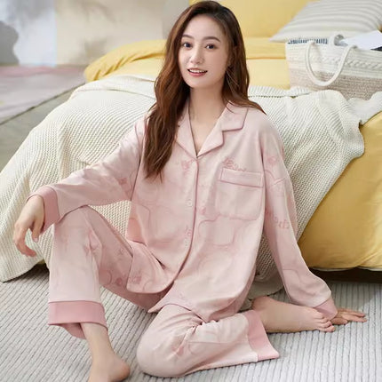 Women's pajamas with chest pad Spring and Autumn long-sleeved cotton wear-free bra anti-bump outerwear homewear suit wholesale