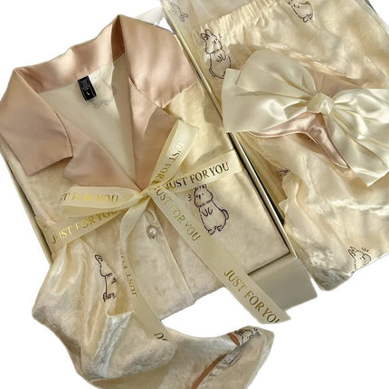 Velvet Pajamas for Women, Cute Rabbit Autumn and Winter Long-Sleeve Long Pants Sweet and Cute Warm Loungewear Two-Piece Set