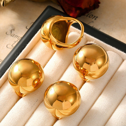 French retro chubby spherical ring personality exaggerated design stainless steel plated 18k real gold ring wholesale