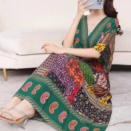 Cross-border ethnic style V-neck cotton silk short-sleeved beach skirt Thailand travel dress summer printed holiday floral skirt