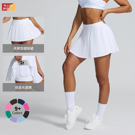 Cross-border European and American Leisure Pleated Sports Skirt Hip Covering Slimming Outdoor Fitness Tennis Skirt Anti-light Yoga Skirt