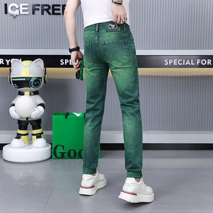 European Station High-end Light Luxury Trendy Brand European Fashion Emerald Green Jeans Men's Slim-fit Mid-waist Small Straight Long Pants