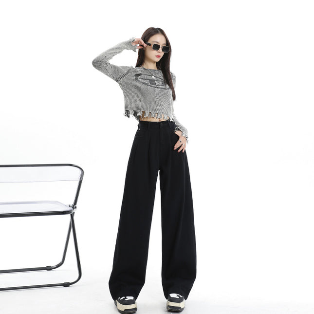 New Chinese Style Loose Jeans for Women in Autumn, New Hot Girl Pleated Design, Opaque White Drapey Floor-Length Wide-Leg Pants