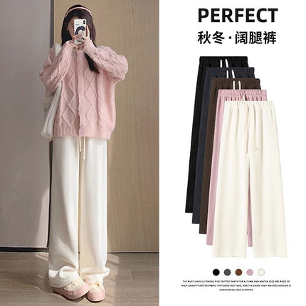 2023 fleece-lined new corduroy narrow wide-leg pants women's autumn and winter high waist slimming casual pants loose straight pants