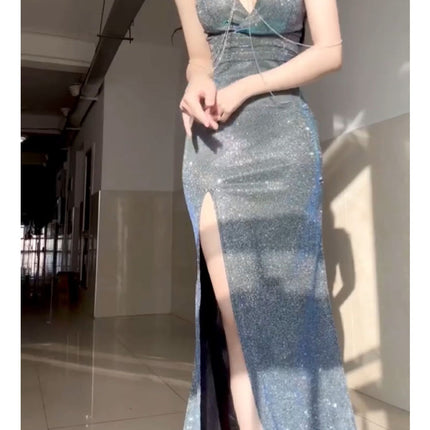 2025 New Sexy Deep V Slit Hip-Covering Floor-Length Evening Dress Nightclub Backless Style Performance Long Dress