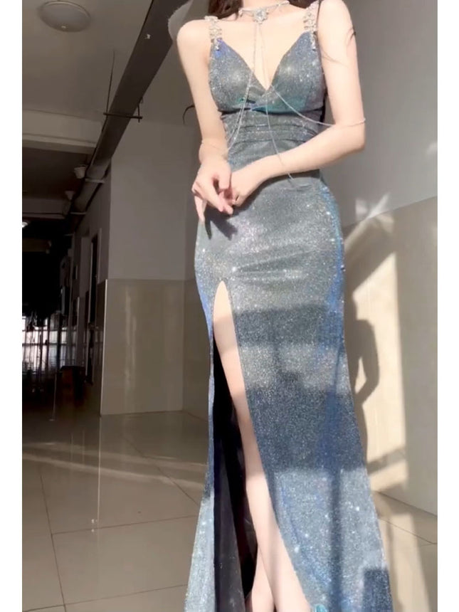 2025 New Sexy Deep V Slit Hip-Covering Floor-Length Evening Dress Nightclub Backless Style Performance Long Dress