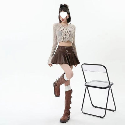 Autumn and Winter American Leather Skirt Retro Sexy High Waist Pu Pleated Skirt Slimming Look Skirt Pleated Short Skirt