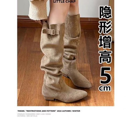 Petite Women's Pointed-Toe Platform Boots That Increase Height by 5cm, Over-The-Knee Thick High-Heeled Long Boots, Pleated Slim Boots, Denim Boots