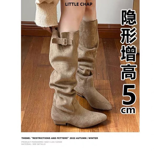 Petite Women's Pointed-Toe Platform Boots That Increase Height by 5cm, Over-The-Knee Thick High-Heeled Long Boots, Pleated Slim Boots, Denim Boots