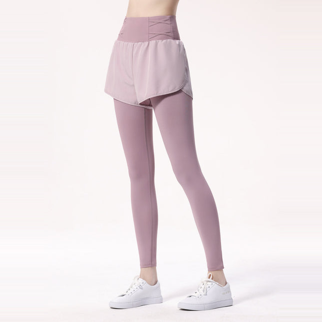 Cross-border Fake Two-piece Sports Pants Women's High Waist Breathable Hip-lifting Yoga Pants Professional Jumper Fitness Running Sports Pants