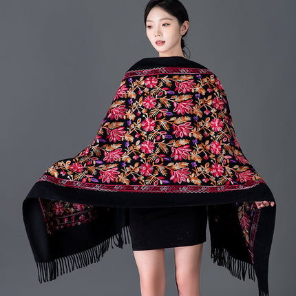 Red rich embroidered winter women's spring full garden scarf warm wedding thickened all-match cashmere ethnic style embroidery