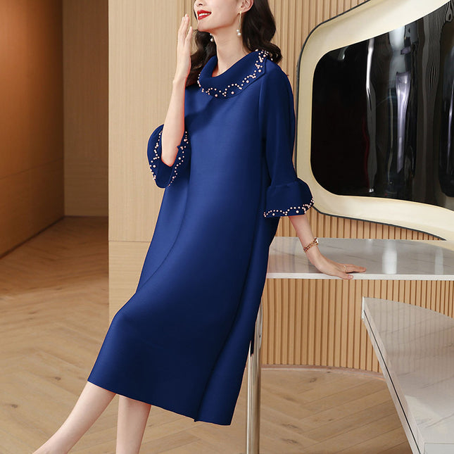 European and American fashion new still spring new western style nail bead loose temperament pleated plus size dress