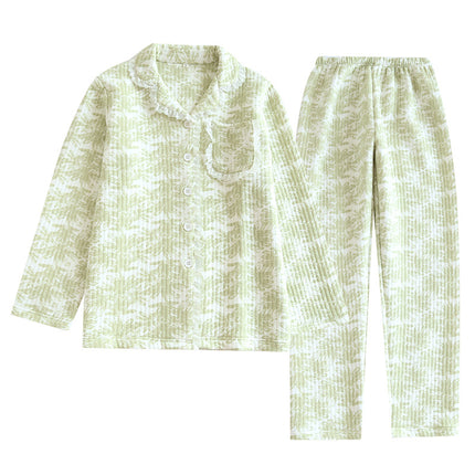 Autumn and winter national style air layer three-layer warm lace pajamas women's long sleeve trousers fresh green home clothes suit
